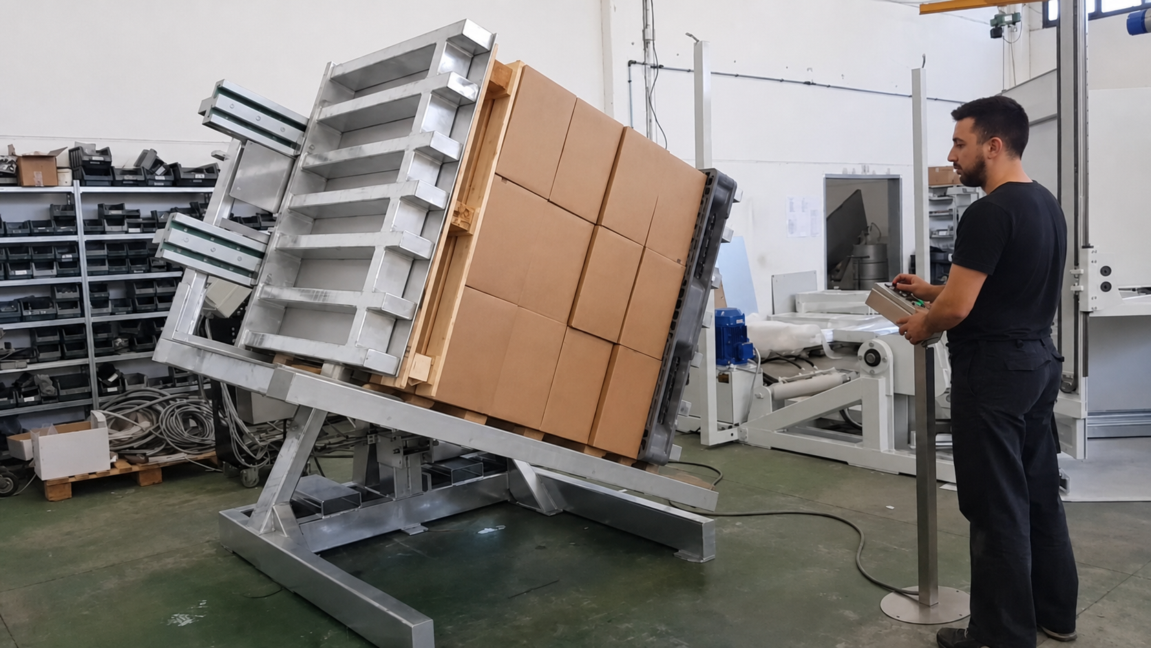 Inversor de pallets manipulando cajas industriales sin marca